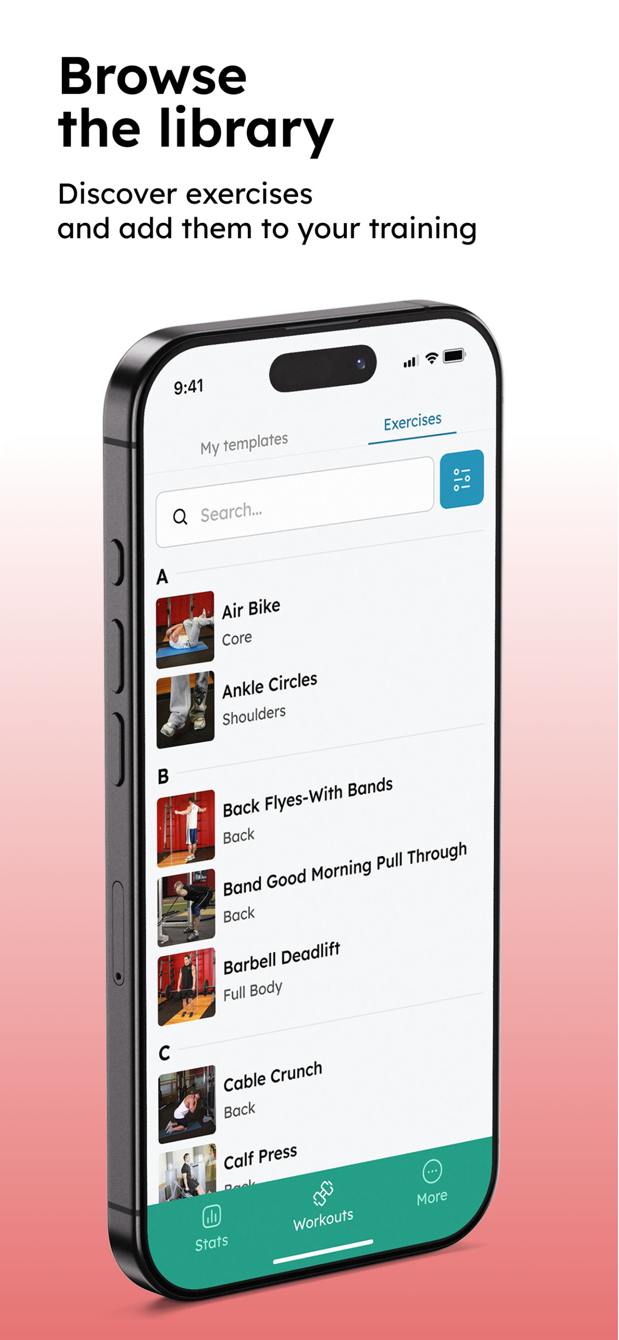 OPA Fit — Browse exercise library screen